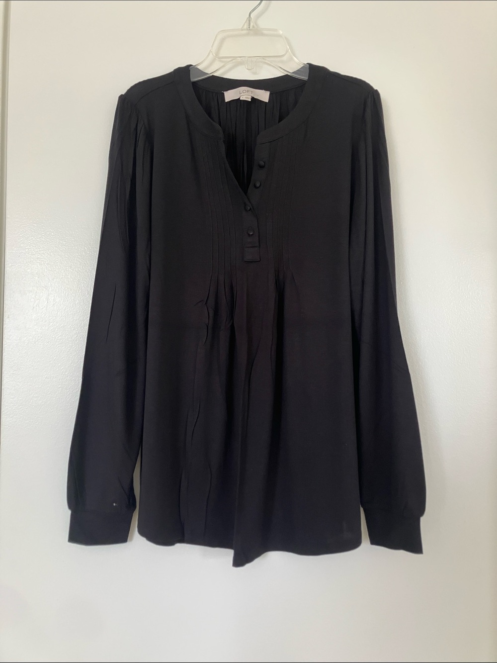 LOFT Black Long-Sleeve Pintuck Top
